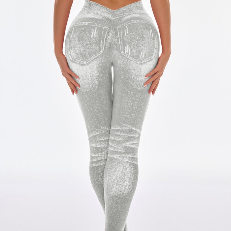 High Waist Butt-Lift Faux Denim Print Yoga Leggings