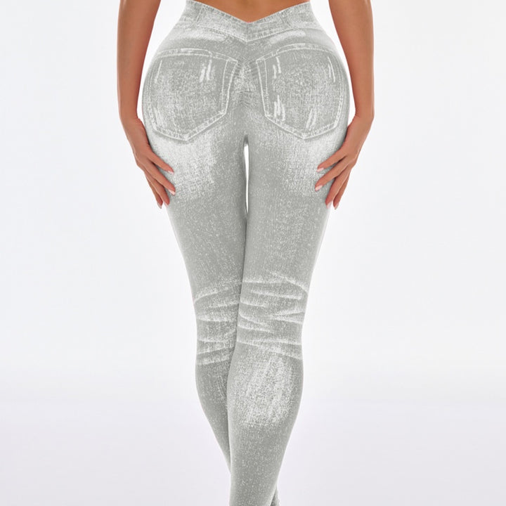 High Waist Butt-Lift Faux Denim Print Yoga Leggings