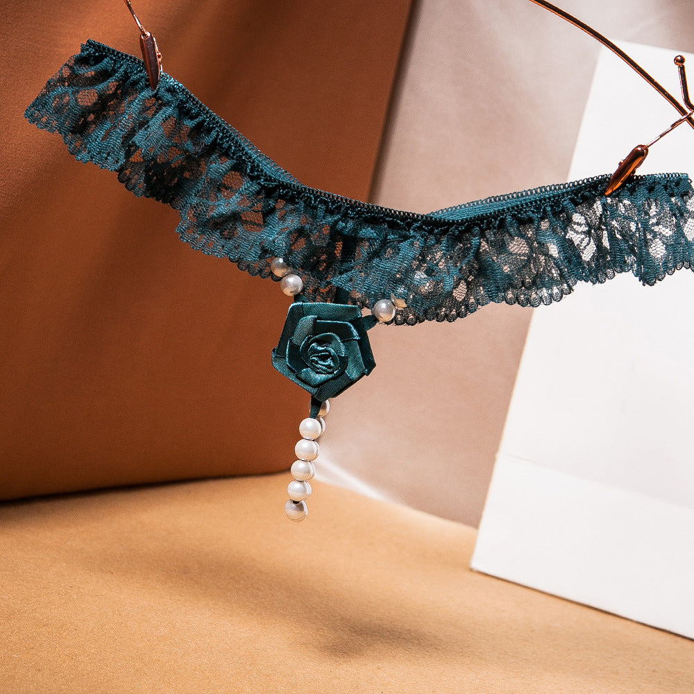 Rose Charm Pearl Drop Lace Ruffle Thong
