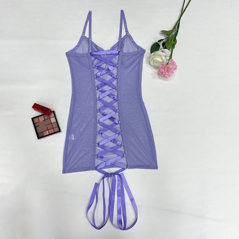 Sheer Mesh Lace-Up Back Mini Lingerie Dress