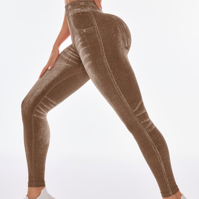 High Waist Butt-Lift Faux Denim Print Yoga Leggings