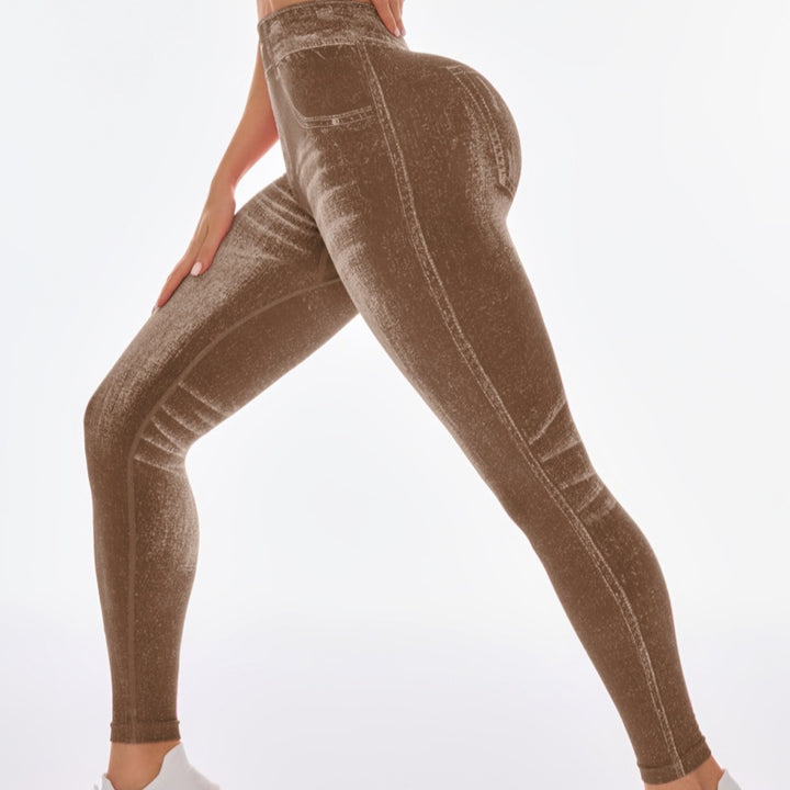 High Waist Butt-Lift Faux Denim Print Yoga Leggings