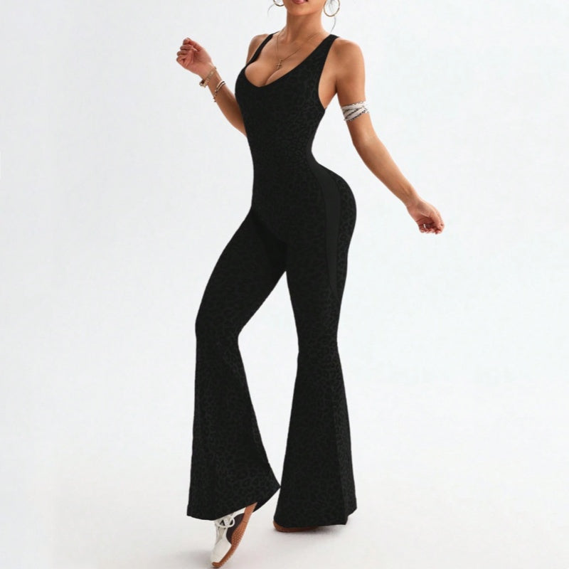 Leopard Print Scoop Neck Flare Leg Jumpsuit