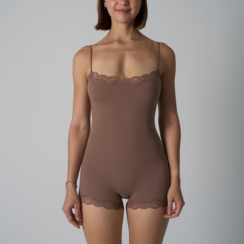 Lace Trim Spaghetti Strap Shapewear Bodysuit