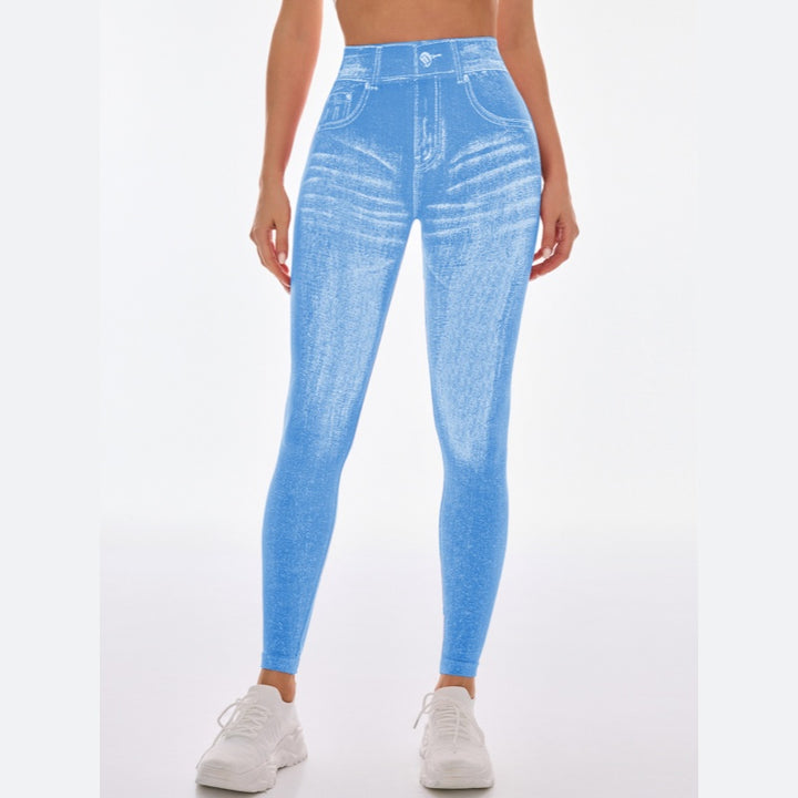 High Waist Butt-Lift Faux Denim Print Yoga Leggings