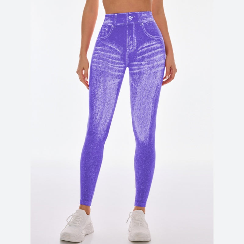 High Waist Butt-Lift Faux Denim Print Yoga Leggings