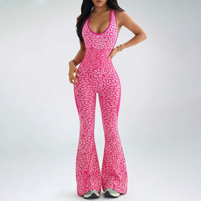 Leopard Print Scoop Neck Flare Leg Jumpsuit