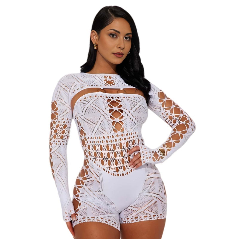 Geometric Lace Cut-Out Bodystocking Romper