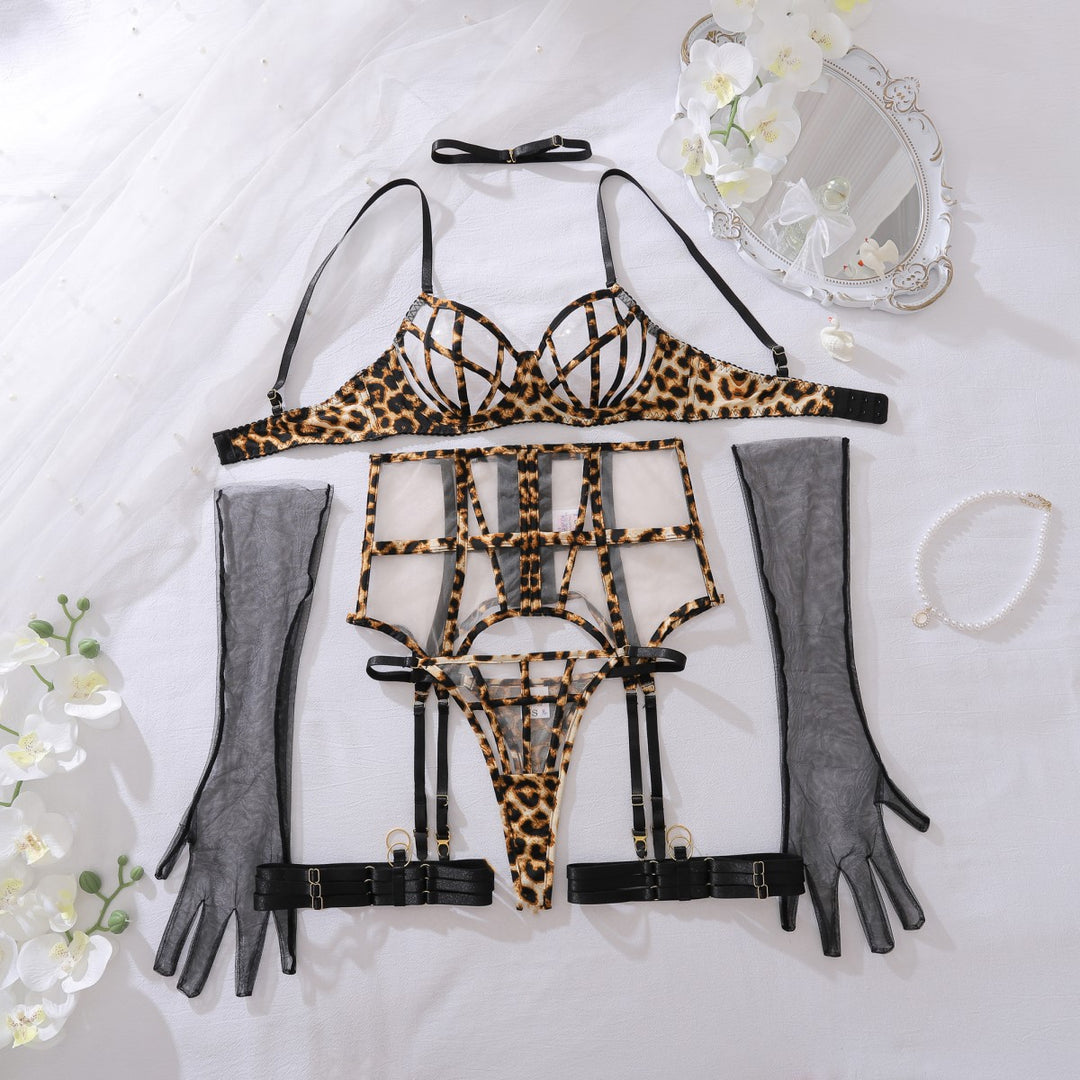 Strappy Sheer Mesh Garter Lingerie Set