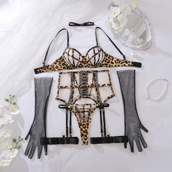 Strappy Sheer Mesh Garter Lingerie Set