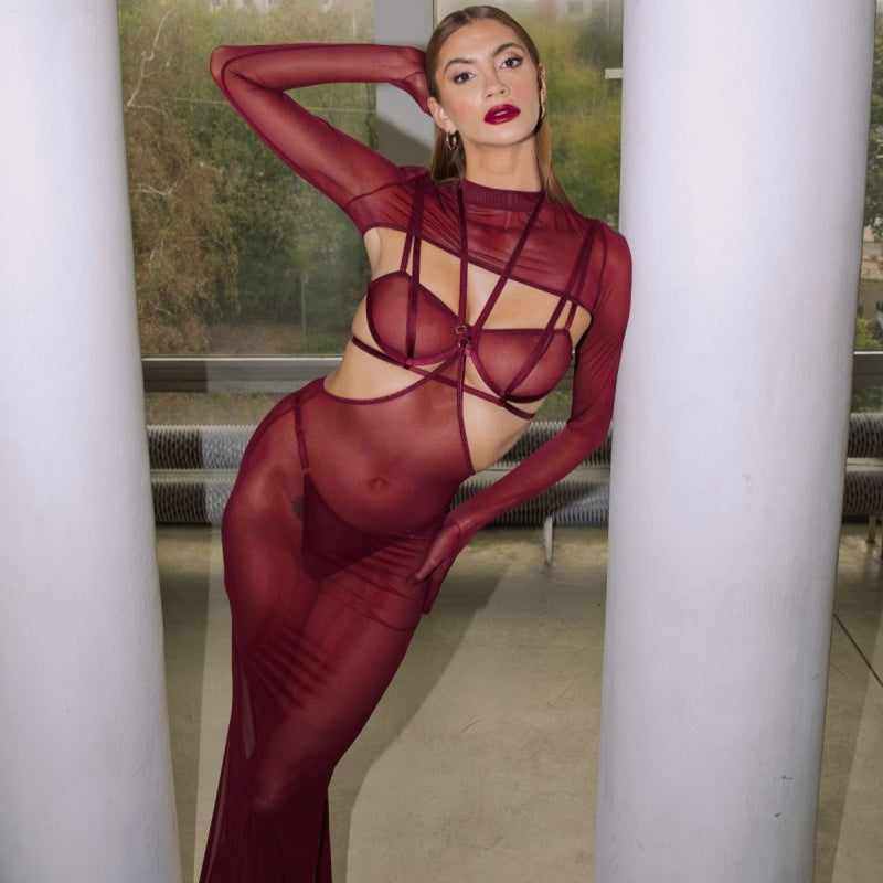 Red Mesh Halter Maxi Dress Lingerie Set