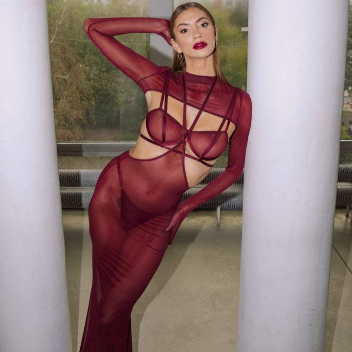 Red Mesh Halter Maxi Dress Lingerie Set