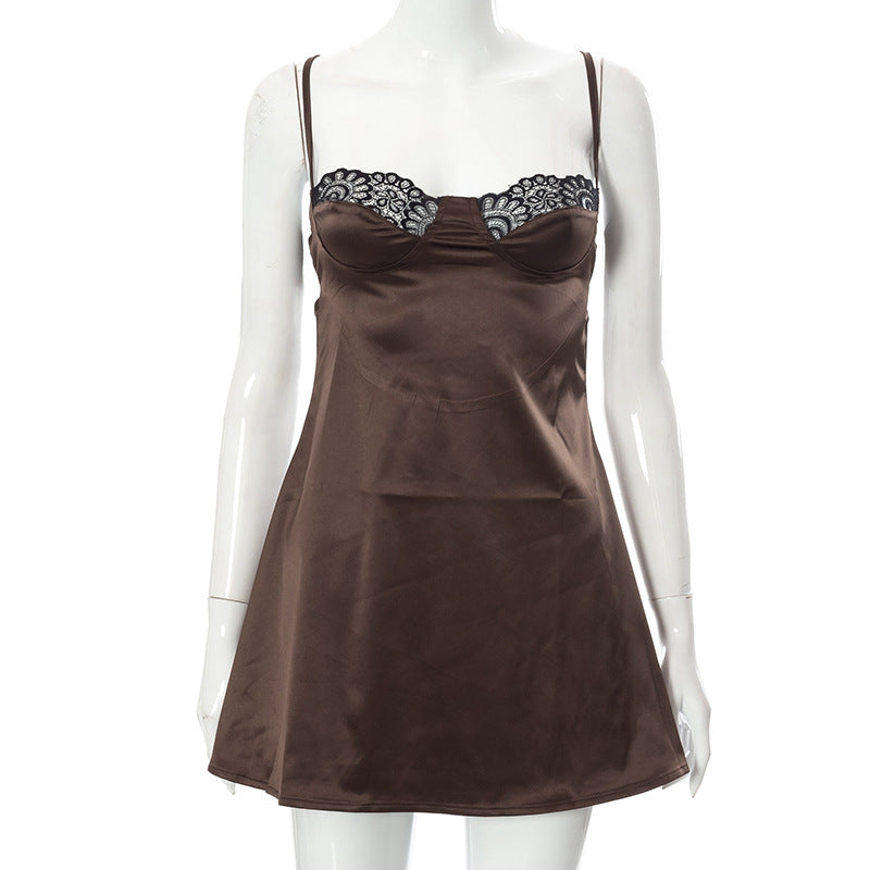 Lace Trim Bustier Satin Slip Nightgown