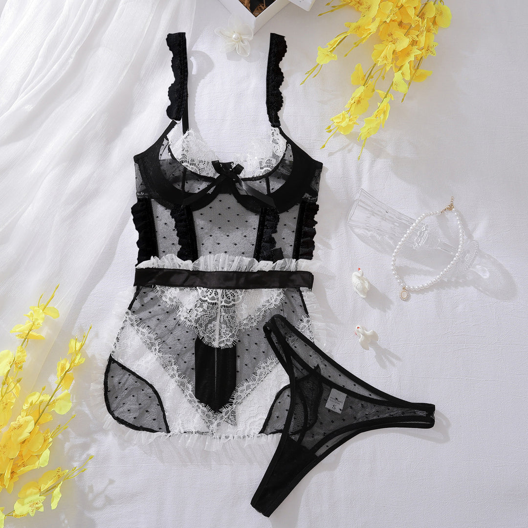 Sheer Lace Mesh & Ruffle Trim Babydoll