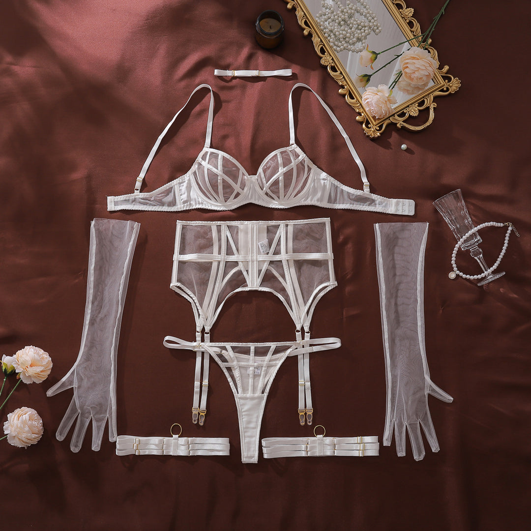 Strappy Sheer Mesh Garter Lingerie Set