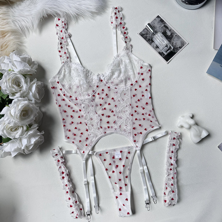 Heart Print Mesh Corset Lingerie