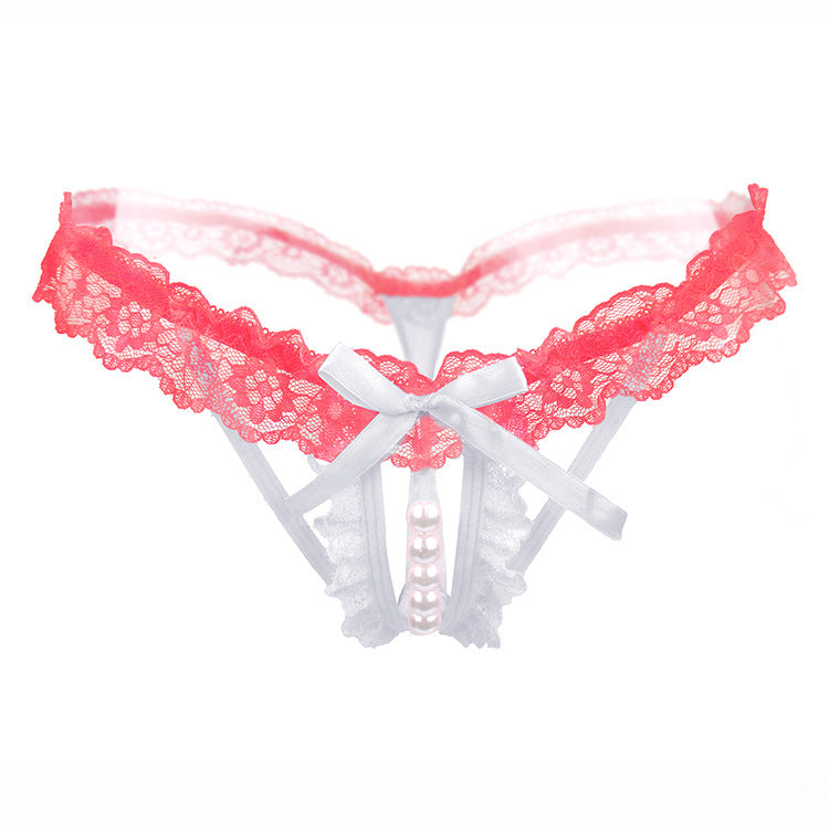 Pearl Beaded Lace Open Crotch Thong