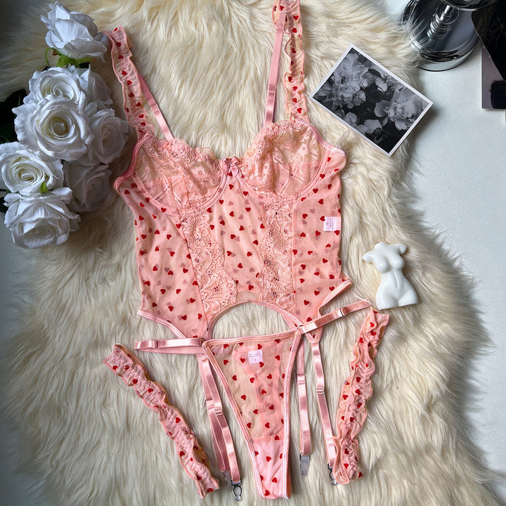 Heart Print Mesh Corset Lingerie