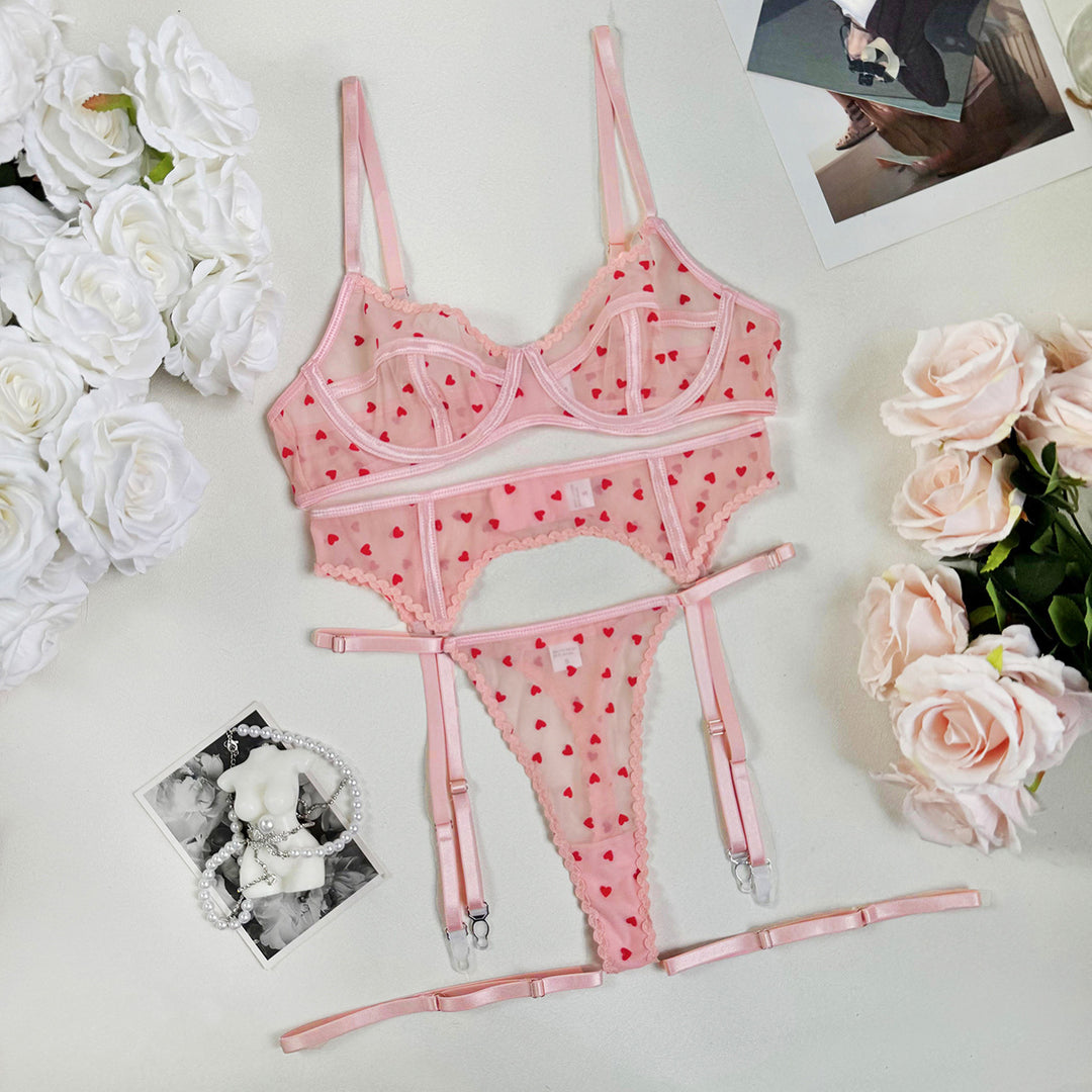 Sheer Heart Print Mesh Garter Lingerie Set