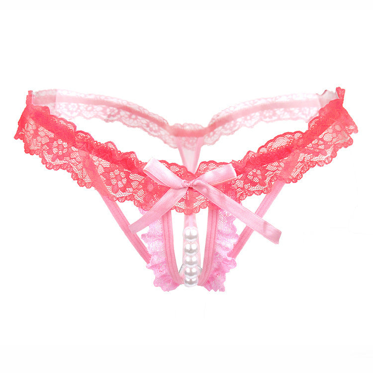 Pearl Beaded Lace Open Crotch Thong