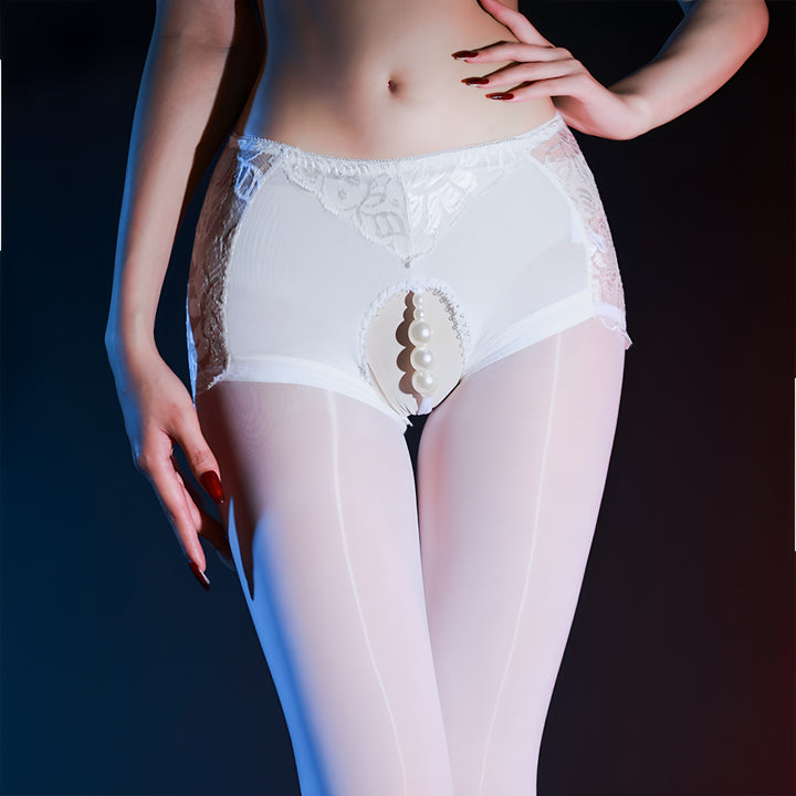 Open Crotch Pearl Lace Glossy Tights