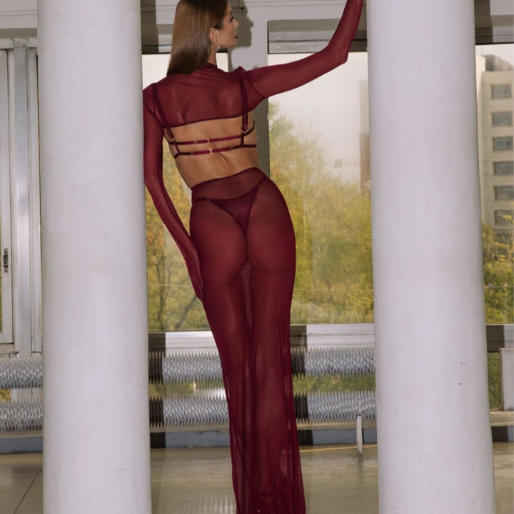 Red Mesh Halter Maxi Dress Lingerie Set
