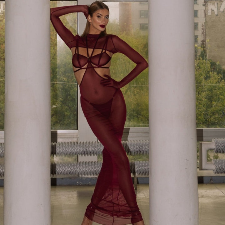 Red Mesh Halter Maxi Dress Lingerie Set